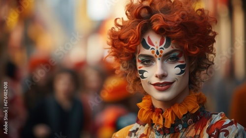 Portrait of a young harlequin woman smiling at a colorful carnival parade with a happy background