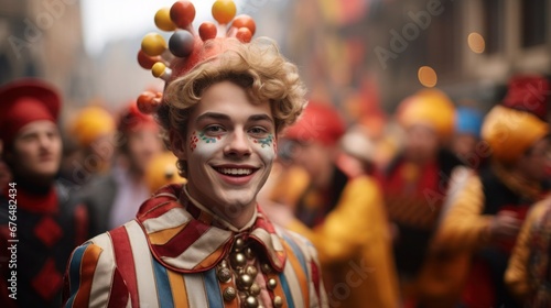 Happy boy with harlequin mask celebrates exuberantly among carnivalists photo