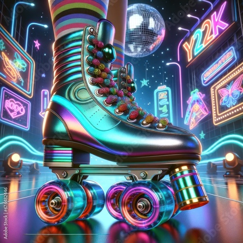 Colorful roller skate with holographic finish and neon lights, giving off a y2k disco vibe photo
