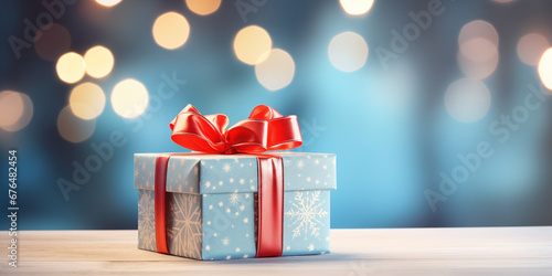 Christmas gift box and red decorations on lights bokeh background, Happy New Year and Christmas Greeting Cards, Holidays background, generative ai