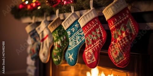 Beautiful fireplace decorated for Christmas with socks, generative ai