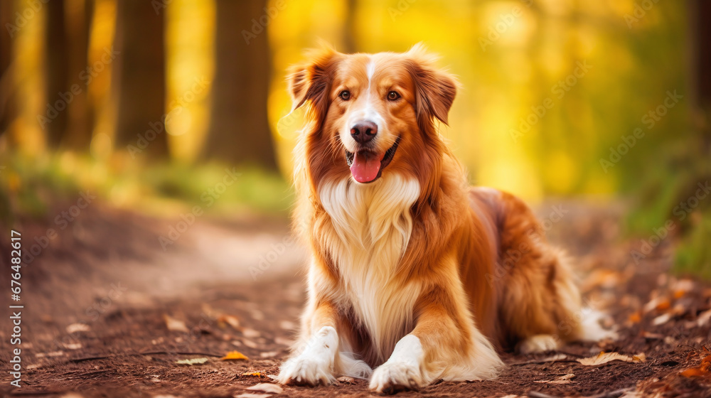 dog lying on the ground of a path in a beautiful autumn forest while walking 
