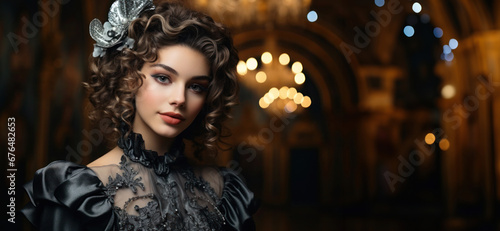 Closeup of smiling brunette beauty in baroque finery and crown at baroque ball with candlelight in background, carnival concept, banner. photo