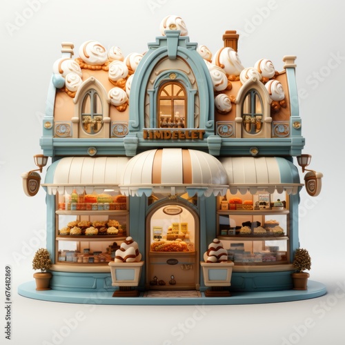 A small blue and white building with lots of pastries. Model or a toy bakery.