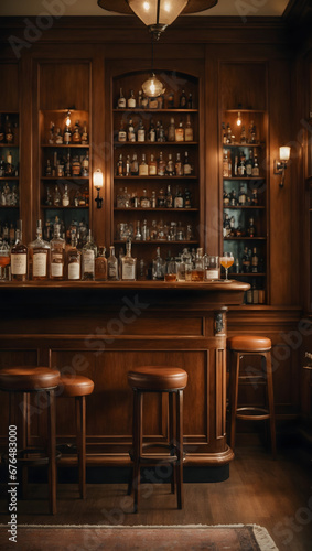 A vintage-inspired home bar with rich wood paneling, leather barstools, and a collection of classic spirits.