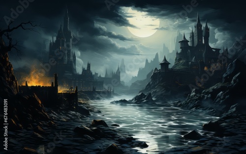 a dark  magical  ruined castle 
