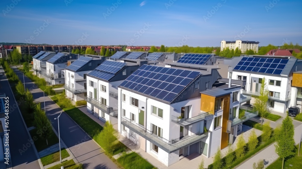 Eco-friendly apartment buildings with large solar panels on roofs surrounded by bright autumn trees Eco-friendly apartment buildings with large solar panels on roofs surrounded by bright autumn trees
