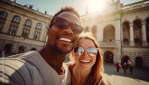 Self-portrait of a happy young interracial married couple while traveling on vacation. Cheerful black man and his white wife taking a selfie during their honeymoon. photo