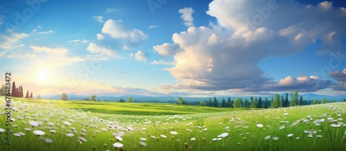 In the summer sky against a backdrop of lush green grass a beautiful landscape unfolds dotted with vibrant flowers and bathed in the warm golden light of the sun creating a picturesque scen
