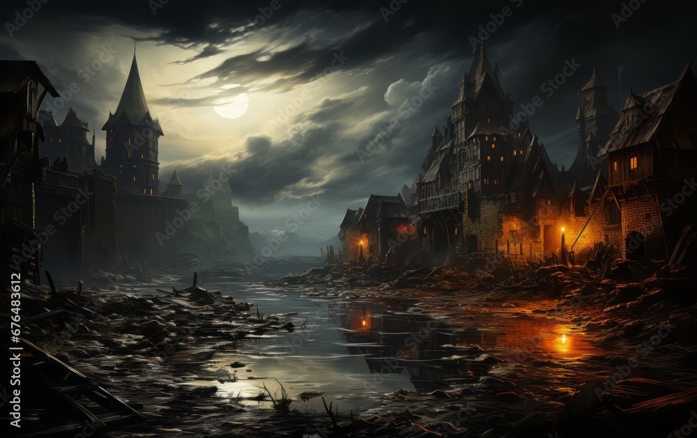 dark castle by the river