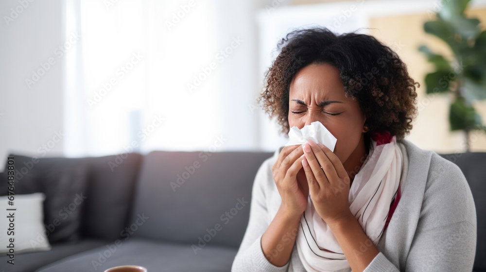 African American woman wrapped in warm clothes due to chills has flu and sneezes in napkin African American woman wrapped in warm clothes due to chills has flu and sneezes in napkin