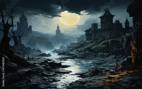 dark castle by the river