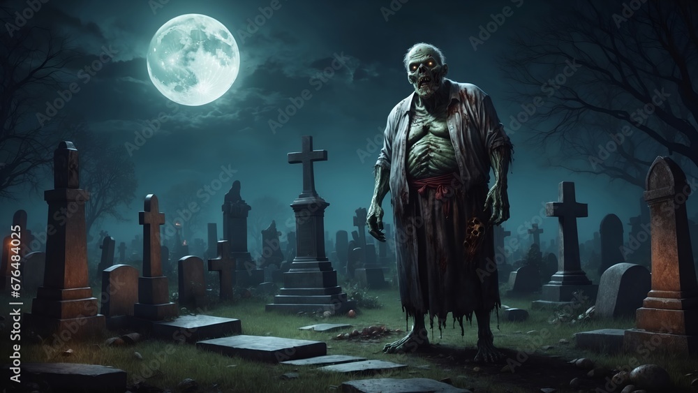 Zombie in a gloomy cemetery. 4K - 8K - 12K TV. Generative AI.