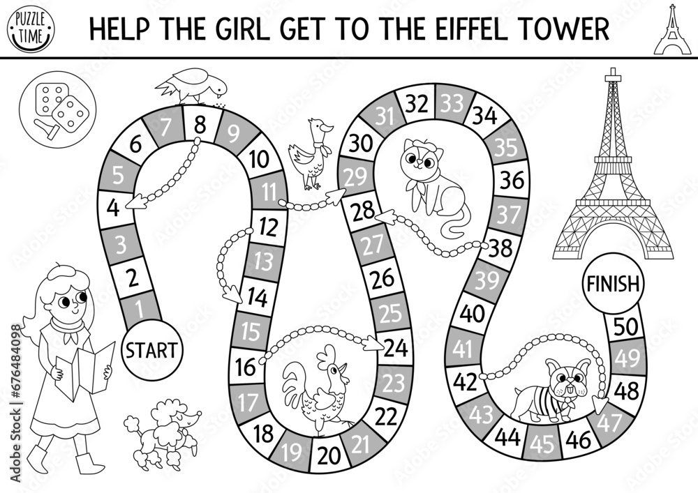 France black and white dice board game for children with tourist girl