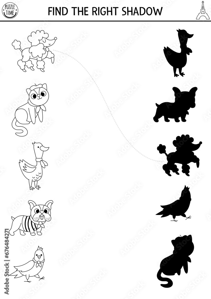 France black and white shadow matching activity. Puzzle with traditional French animals and birds. Find correct silhouette printable worksheet. Funny coloring page for kids with poodle