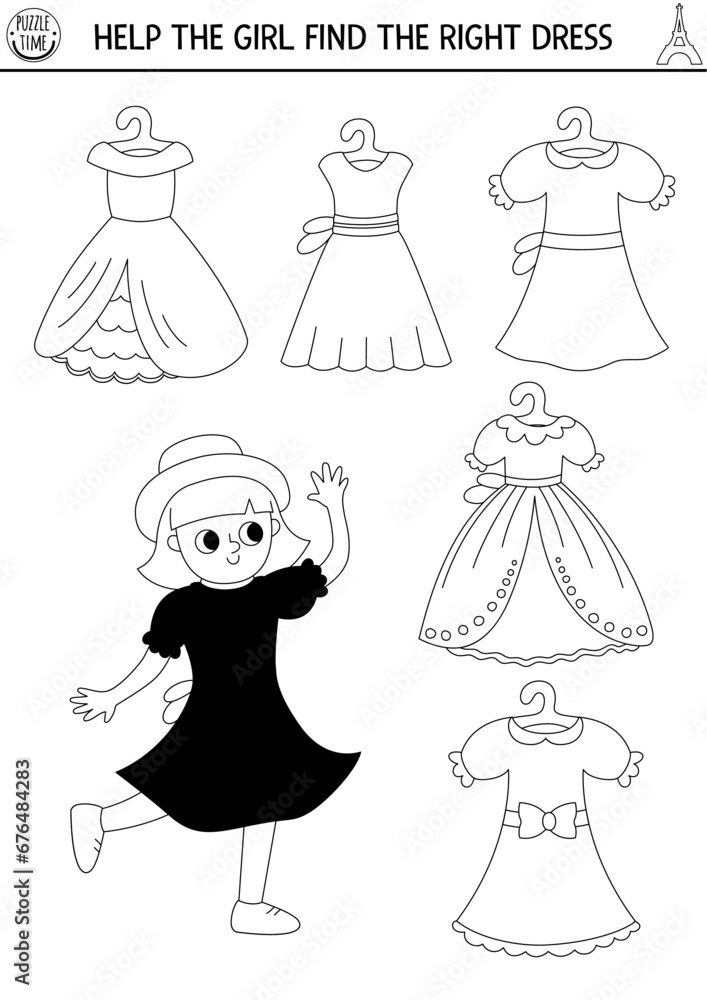 France black and white matching activity. Puzzle with girl in dress. Find correct clothes printable line worksheet. Funny coloring page for kids with woman in hat and beautiful gown. France black and white matching activity. Puzzle with girl in dress. Find correct clothes printable line worksheet. Funny coloring page for kids with woman in hat and beautiful gown.