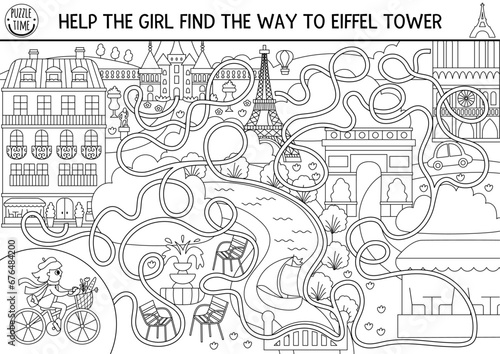 France black and white maze for kids with Paris scene, woman riding bike through city. French preschool activity. Labyrinth game, puzzle or coloring page. Help the girl get to Eiffel Tower.