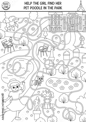 France black and white maze for kids with girl in Luxembourg garden searching for pet poodle. French preschool printable activity. Labyrinth game, puzzle, coloring page with park scene.