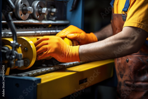 The hands of a craftsman repairing or operating machinery equipment.