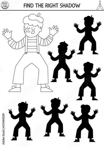 France black and white shadow matching activity. Puzzle with mime in beret and stripy shirt. Find correct silhouette printable line worksheet. Funny French coloring page for kids.