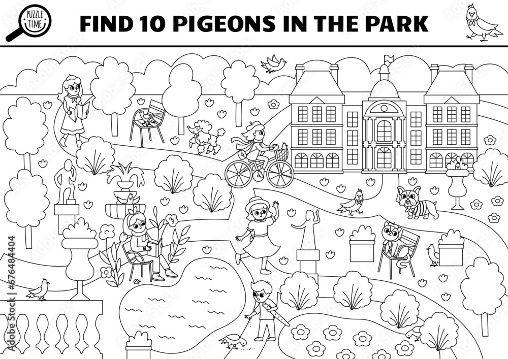 Vector black and white French searching game with city landscape, park, people. Spot hidden pigeons. Simple France seek and find educational printable activity or coloring page for kids.
