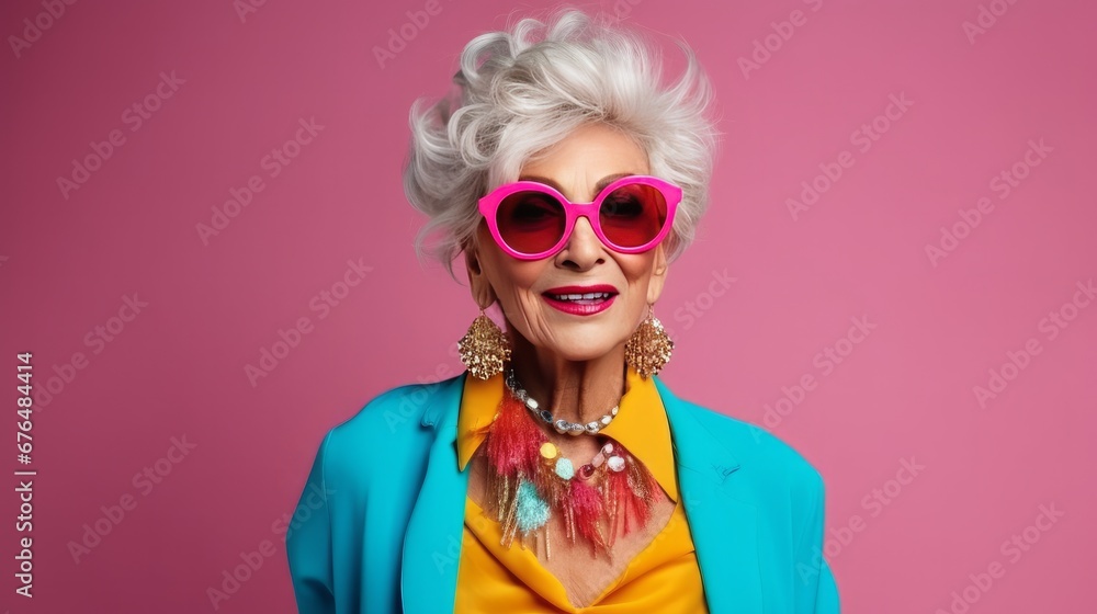 A cheerful and witty elderly woman wearing stylish clothing is portrayed against a colorful background. A cheerful and witty elderly woman wearing stylish clothing is portrayed against a colorful background.