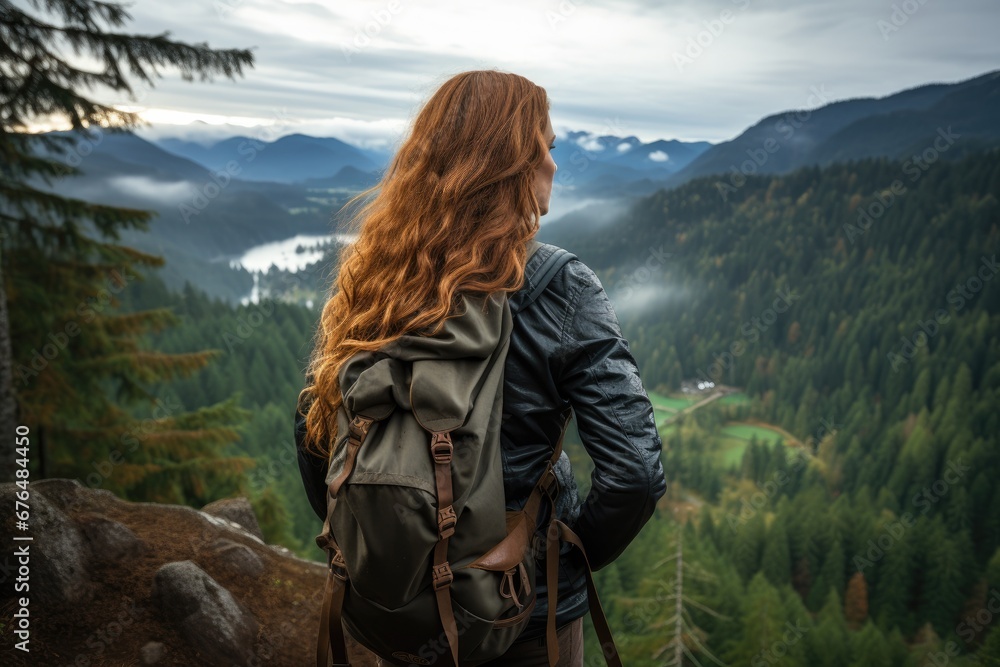 A woman with a backpack looking at the mountain 