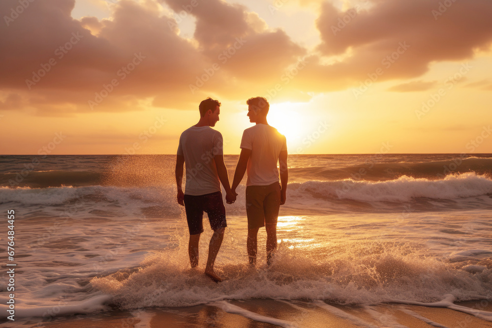 A happy gay couple enjoying a romantic sunset on the beach, portraying the warmth of their love and connection.