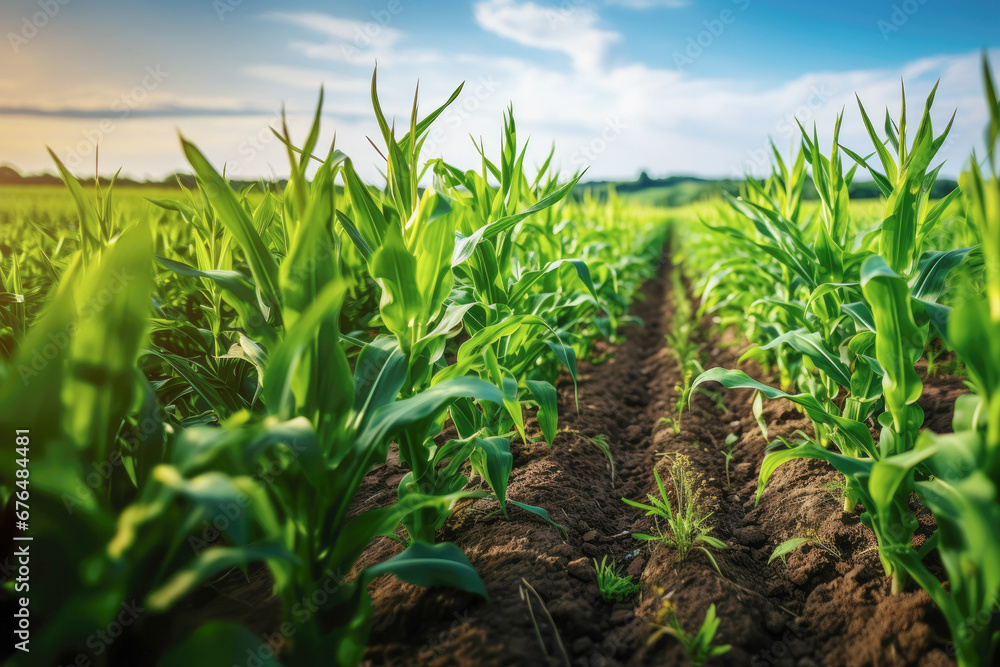 A lush cornfield in the countryside, bathed in sunlight, showcasing the natural growth of crops in a rural landscape. A lush cornfield in the countryside, bathed in sunlight, showcasing the natural growth of crops in a rural landscape.