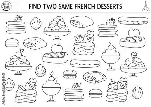 Find two same French desserts. Traditional pastry matching activity. France black and white educational quiz worksheet for kids. Simple printable game, coloring page with cute eclair, profiterole