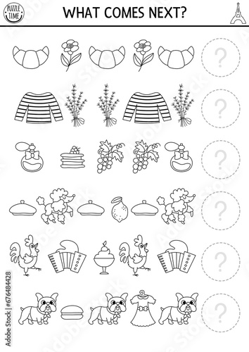 What comes next. France black and white matching activity for preschool children with croissant, lavender, beret. French themed logical worksheet. Continue the row game, coloring page.