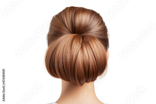 A young woman with an elegant coiffure showcases a stylish bun, emphasizing the intricacies of contemporary hair fashion.