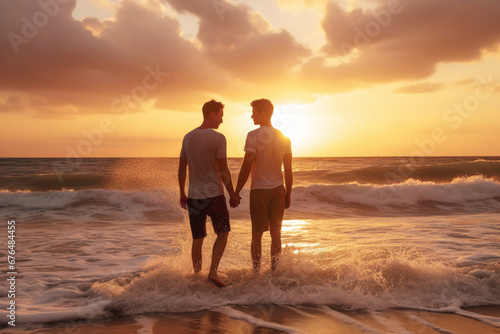 A happy gay couple enjoying a romantic sunset on the beach, portraying the warmth of their love and connection. photo