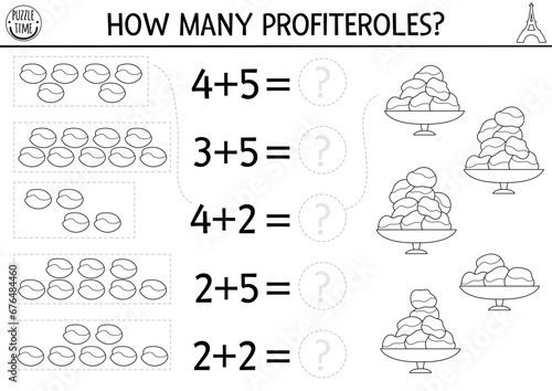 How many profiteroles black and white game. French traditional dessert math addition activity. Simple France printable counting line worksheet for kids. Funny mathematics coloring page.