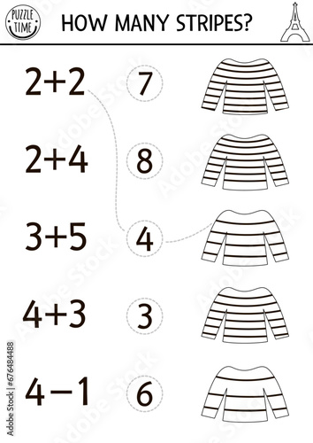 Match the numbers game with stripy shirt. Math activity for kids with traditional French clothes. France educational counting line worksheet. How many stripes coloring page for children.