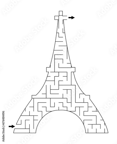 Black and white maze for kids shaped as Eiffel Tower. French printable line activity for children with Paris landmark. Geometric labyrinth game, puzzle or coloring page with France scene.