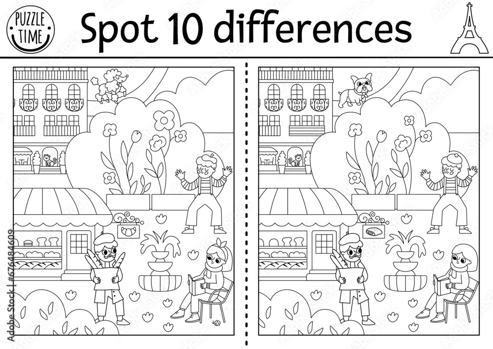 Find differences game for children. Educational black and white activity with cute scene in Paris street. Puzzle for kids with French people, buildings. Printable worksheet or coloring page.