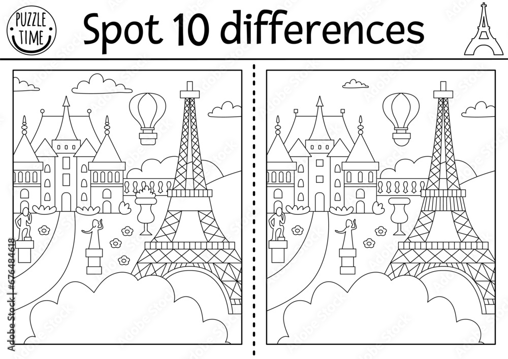 Find differences game for children. Educational black and white activity with cute scene in park, castle, Eiffel Tower. Puzzle for kids with French scenery. Printable worksheet or coloring page.