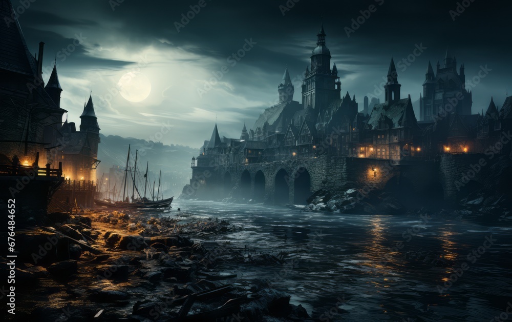 Naklejka premium fantasy landscape with a gloomy castle
