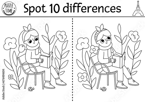 Find differences game for children. Educational black and white activity with cute girl reading a book in garden among flowers. Puzzle for kids. Printable worksheet, coloring page with France symbol.