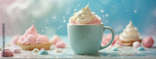 A cup of coffee with whipped cream on top, goodies scattered around. Light blue background. Beautiful food composition in pastel colors.
