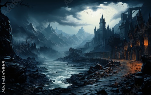 fantasy landscape with a gloomy castle photo
