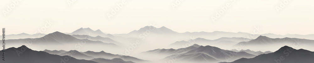 Beautiful Mountain landscape panorama with snow and fog with copy space in watercolor style. Abstract art watercolor background