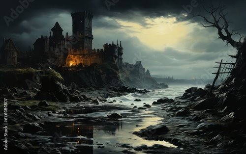 fantasy landscape with a gloomy castle