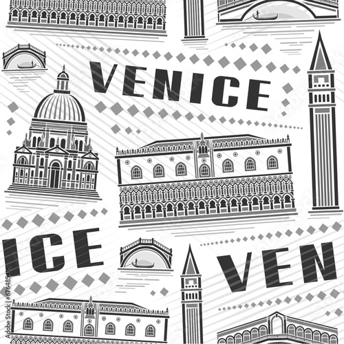 Vector Venice Seamless Pattern, square repeating background with illustration of famous european venice city scape on white background, grey monochrome line art urban poster with black text venice