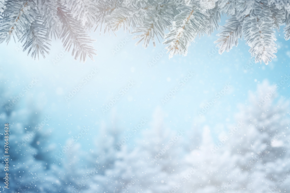 Winter background of frosted spruce branches and small drifts of snow, with bokeh, with space for text Winter background of frosted spruce branches and small drifts of snow, with bokeh, with space for text