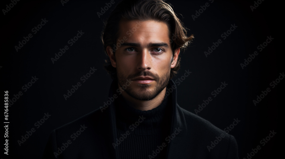 Obraz premium A debonair gent portrayed in a studio against a somber backdrop.