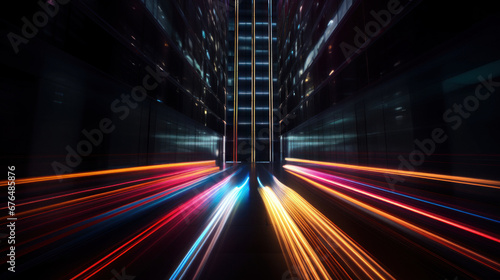 Abstract digital Architecture  glowing tall building. View of futuristic background.
