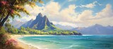 In the background the vibrant blue sky of summer frames a breathtaking landscape of majestic mountains shimmering seas and lush nature creating a picture perfect scene that captures the beau
