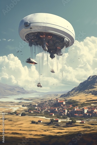 flying objects sky above town grivet blimps suburbia illustration passengers delivering packages retail cloud computing vibes scenario assets photo